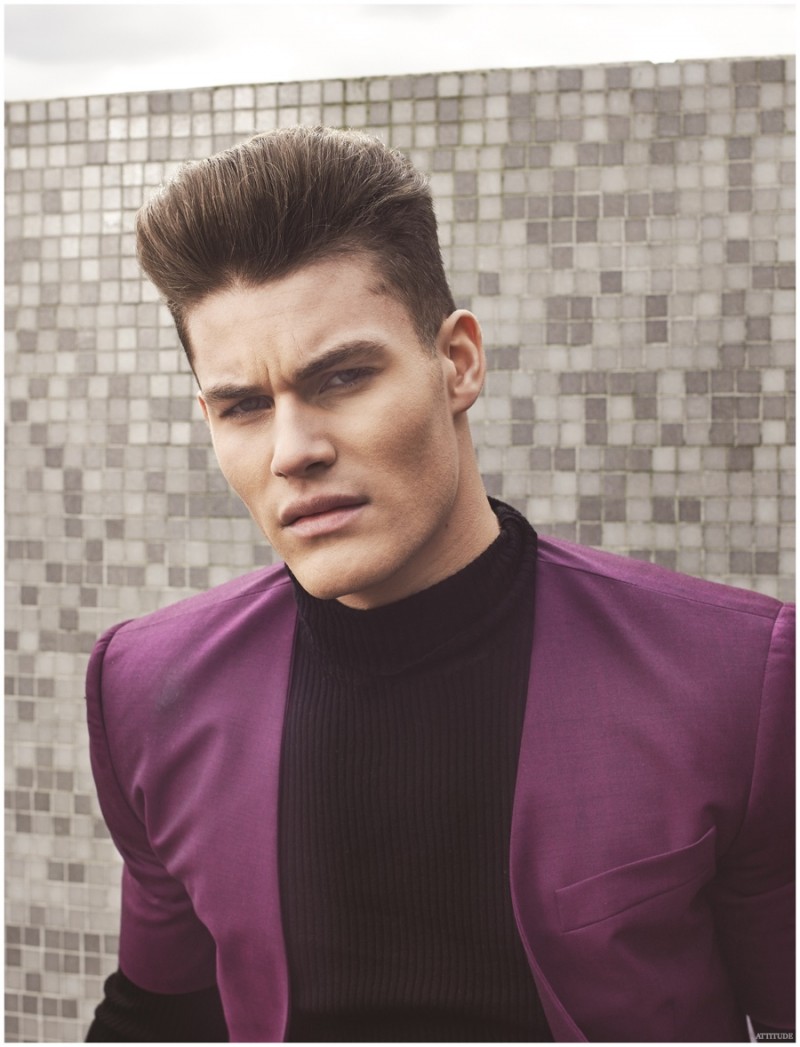 Rocking a purple Vivienne Westwood ensemble, Tyler Maher goes for a sculpted look on top with a flat top hairstyle.