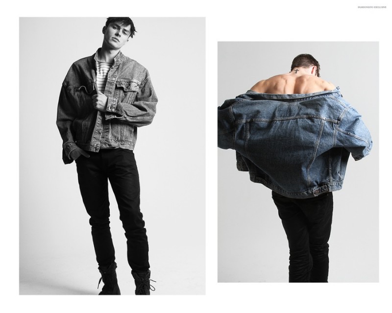 Tyler wears pants Rag & Bone, t-shirt Thaddeus O'Neil, boots Converse and denim jacket Levi's.