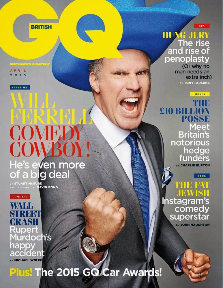 Will Ferrell sports an oversized foam cowboy hat for the April 2015 cover of British GQ.