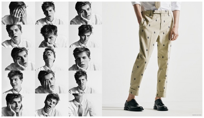 An embroidered graphic and a dropped rise gives ordinary trousers personality.
