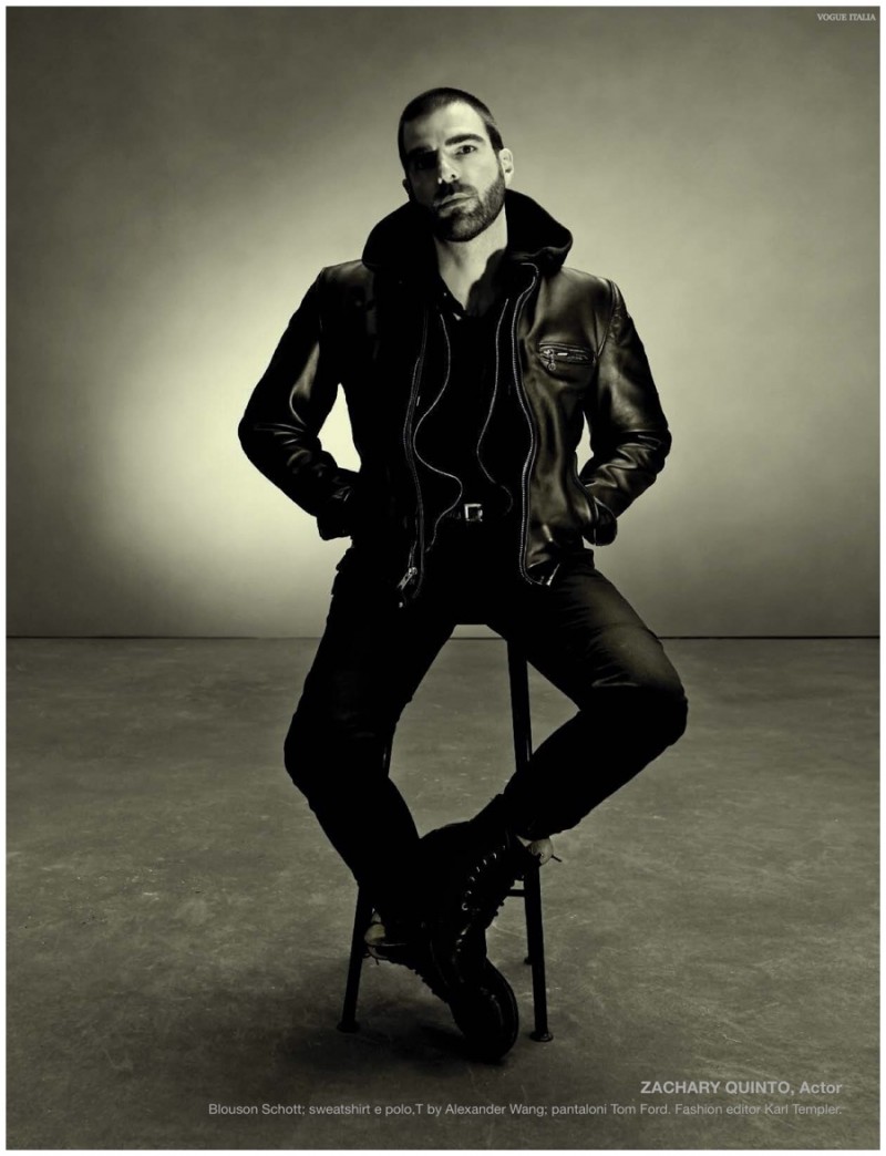 Zachary Quinto rocks a Schott leather jacket.