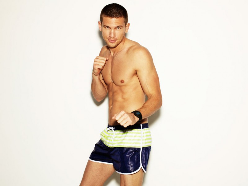 Adam Senn strikes a shirtless boxing pose as he connects with Spanish brand Blanco for a spring 2012 picture.