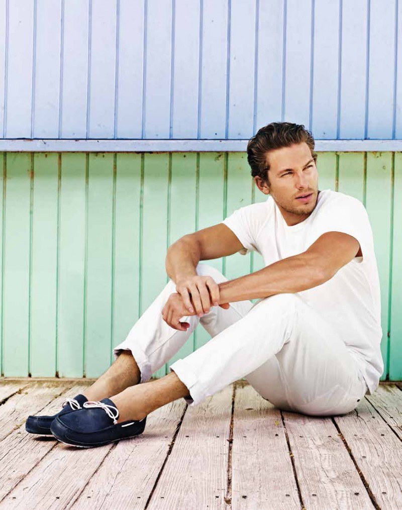 Wearing a light, casual look, Adam Senn stars in Ugg's summer 2014 campaign.