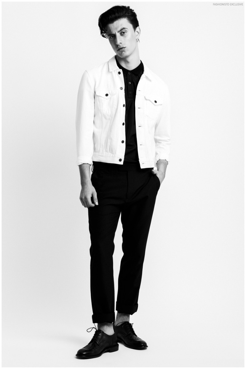 Adrian wears white denim jacket Levi's, shoes Geox, polo shirt and trousers Religion.
