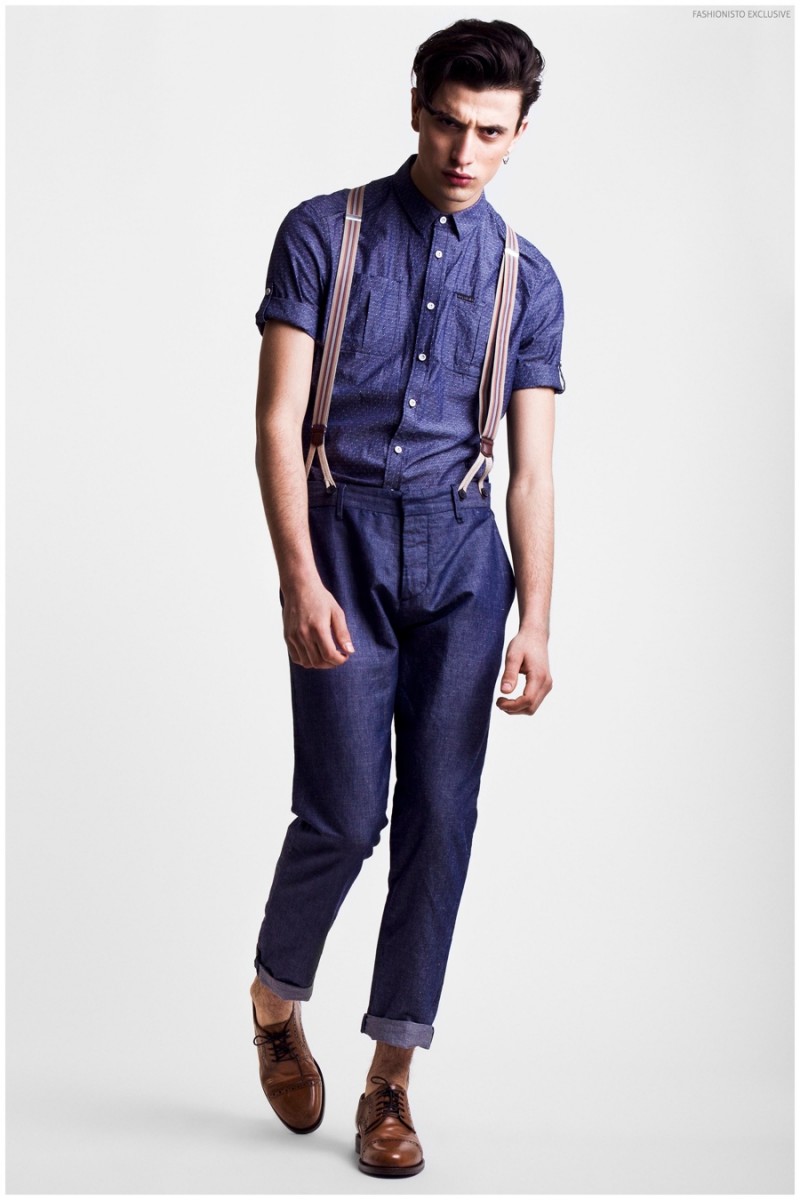 Adrian wears trousers with suspenders Antony Morato, shirt Religion and shoes Geox.