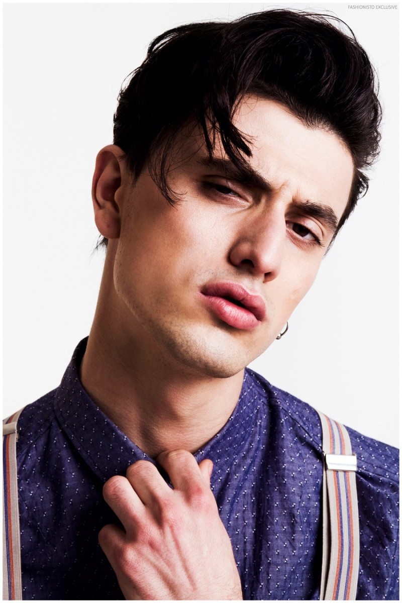 Adrian wears suspenders Antony Morato and shirt Religion.