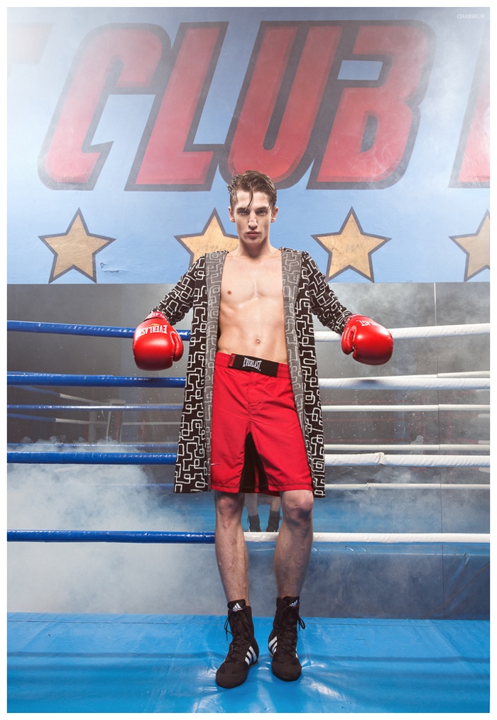 Wearing a graphic print robe, Anatol Modzelewski takes a stance in the ring.