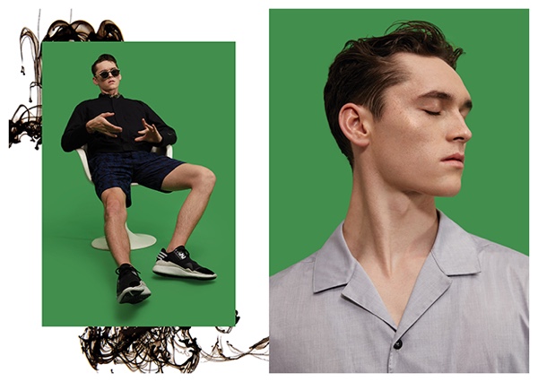 Left: Anders wears sunglasses Mykita x Margiela, bomber jacket and shorts Public School and sneakers Y-3. Right: Anders wears shirt Stone Island.