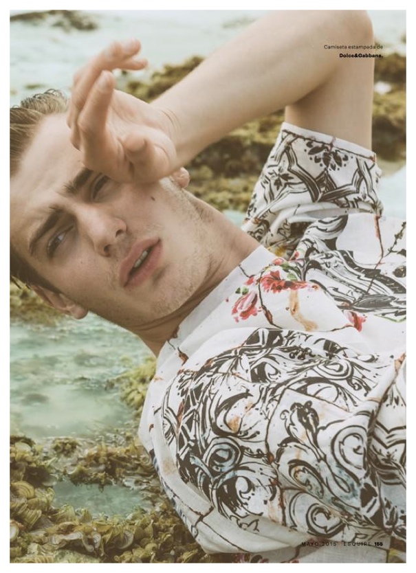 Ben Allen hits the beach in a printed top from Dolce & Gabbana.