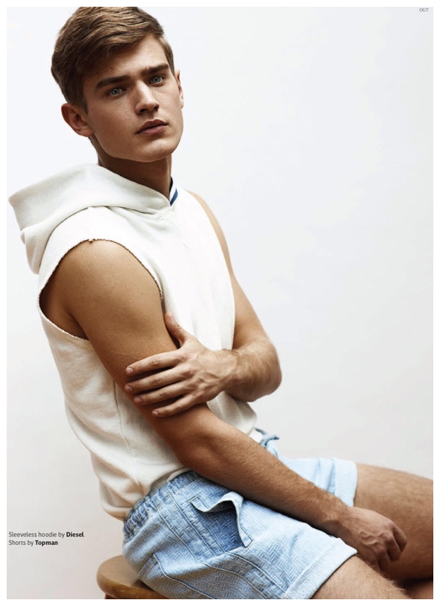 Bo showcases ideal summer style in a sleeveless hoodie from Diesel with Topman denim shorts.