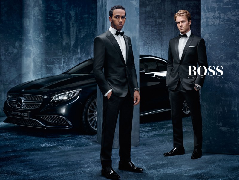 Lewis Hamilton and Nico Rosberg lend the Boss by Hugo Boss F1 campaign a formal edge in tuxedos.