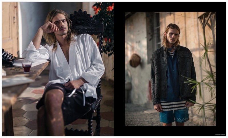 LEFT: cotton shirt by Haider Ackermann. Linen shorts and gold necklace (on table), both by Dolce & Gabbana. RIGHT: Textured-cotton jacket by By Walid. Cotton shirt by Marni. Cotton T-shirt by Haider Ackermann. Denim shorts by Longjourney.