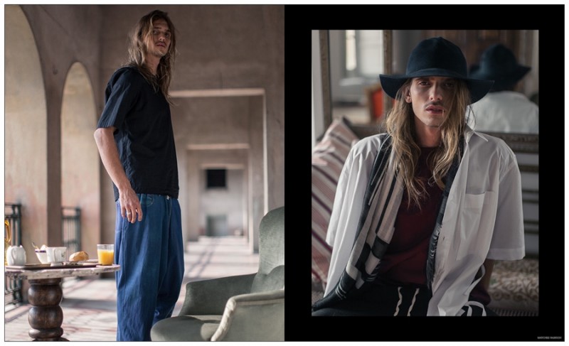 LEFT: cotton shirt by Lemaire. Denim trousers by Yohji Yamamoto. Suede and elastic shoes by Dolce & Gabbana. RIGHT: cotton shirt by Craig Green. Cotton T-shirt by Marni. Cotton-jersey track pants by By Walid. Rabbit-felt hat by Burberry Prorsum. Cashmere scarf by Haider Ackermann.