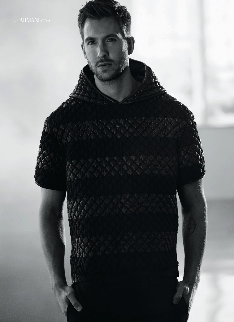 Calvin Harris sports a short-sleeve quilted hoodie in a new image from his Emporio Armani spring-summer 2015 campaign, lensed by photographer Boo George.