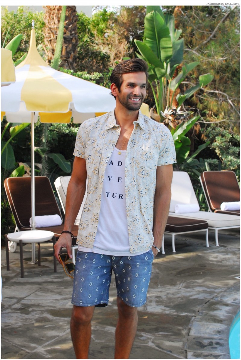 Colin wears necklace Kyle Chan, tank GoodhYOUman, button-down Kennington, shorts Big Star and sunglasses Barton Perreira.