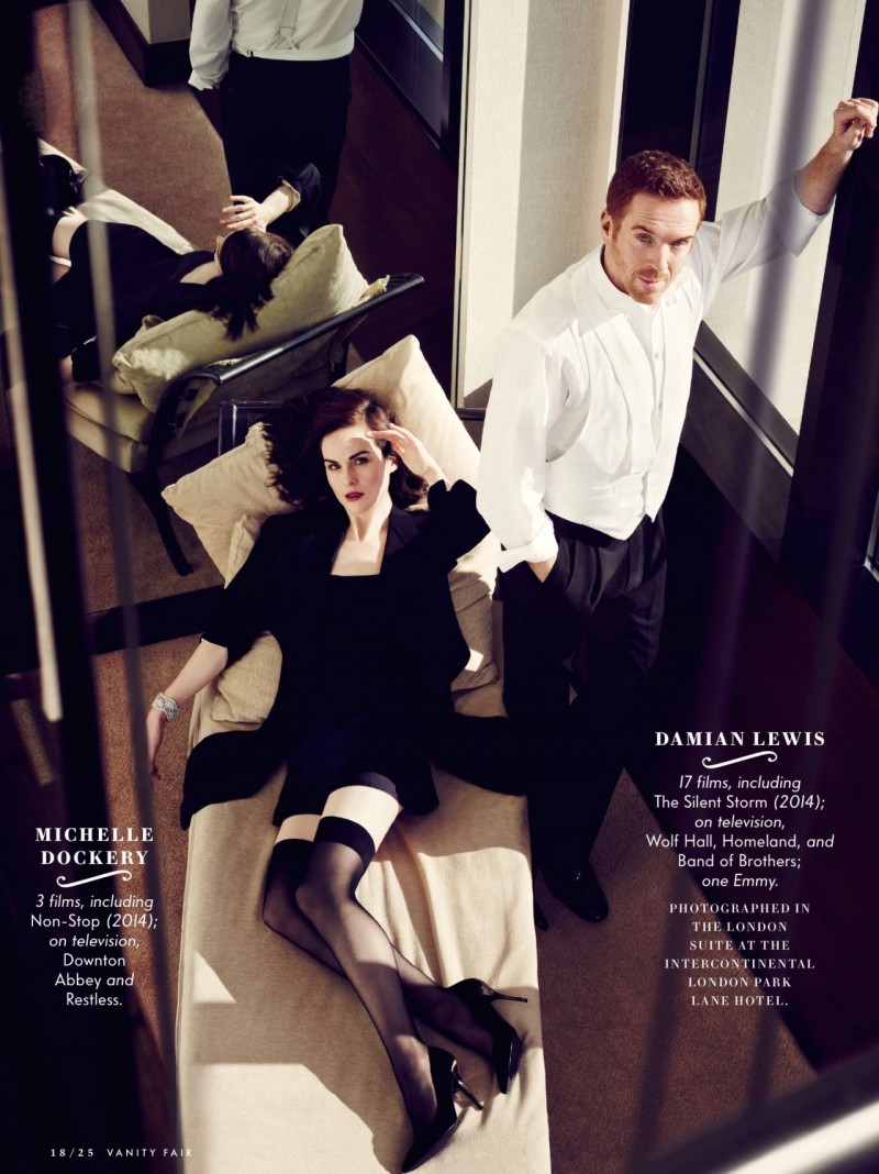 Michelle Dockery and Damian Lewis retreat indoors for this Vanity Fair photo.