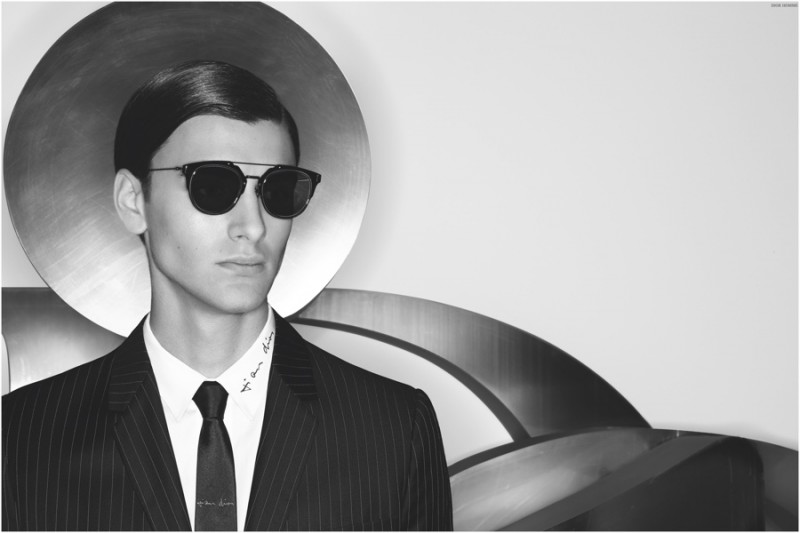 Dior Composit 1.0 Sunglasses worn with a pinstripe suit from Dior Homme's spring-summer 2015 collection.