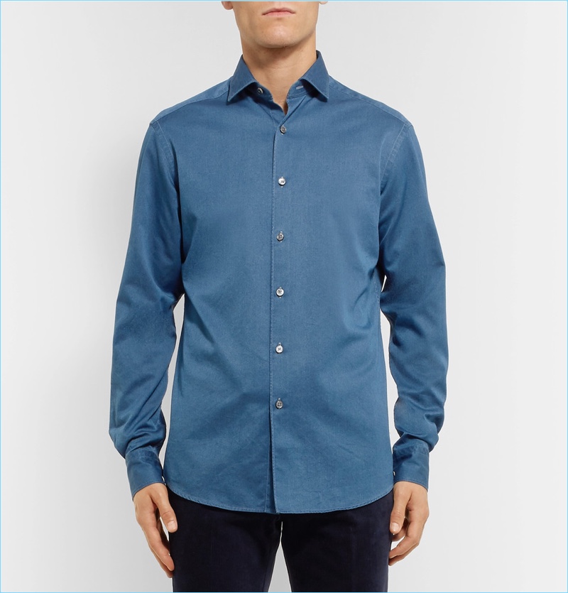 Ermenegildo Zegna Slim-Fit Cutaway-Collar Denim Shirt