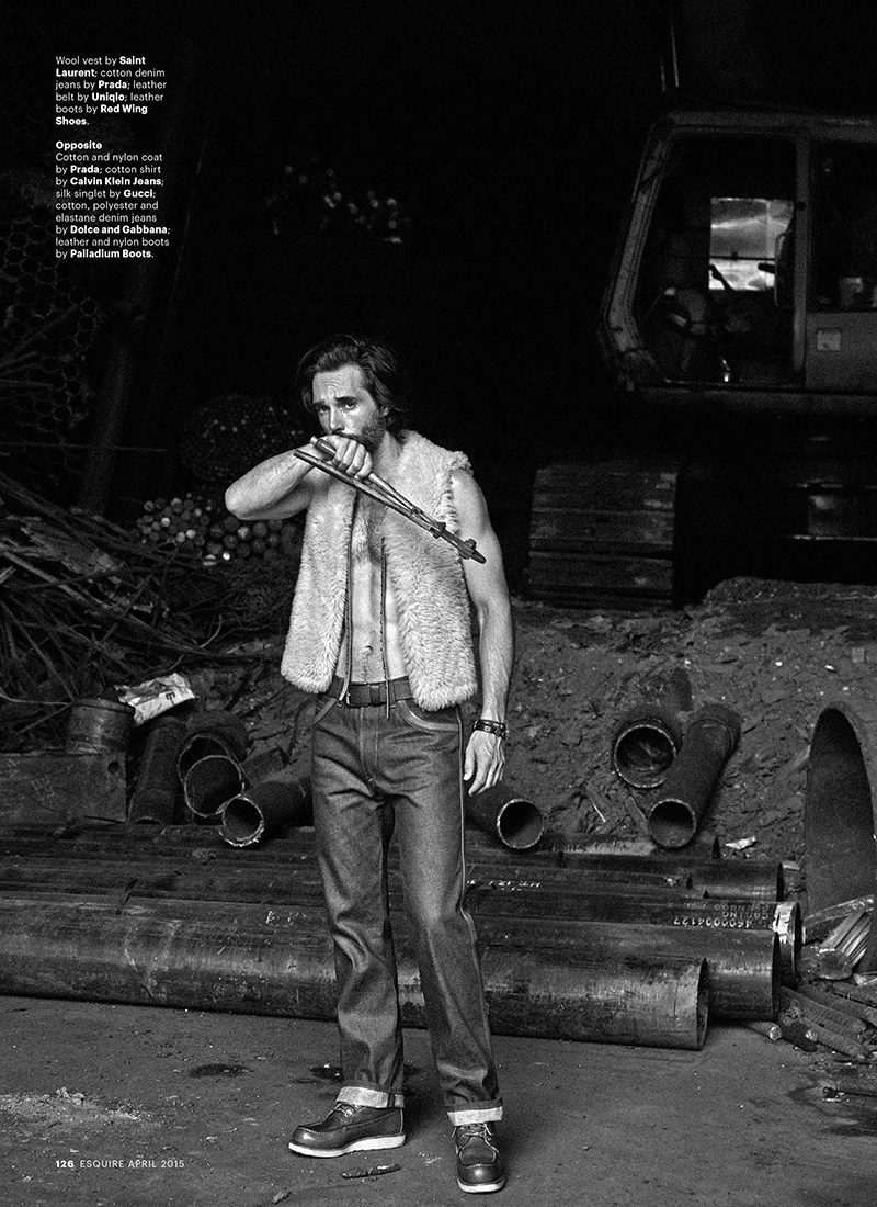 Adventurous in a wool vest from Saint Laurent, Michael Layr goes luxe in denim jeans from Prada.