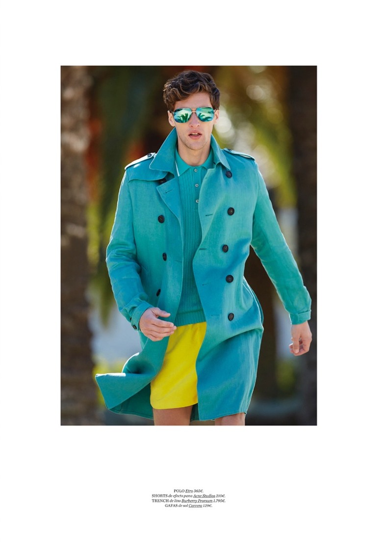 Fabrizio Silva is headed out in a bright, colorful Burberry trench.