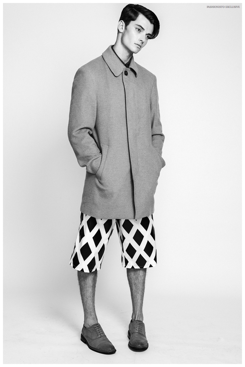 Carson wears coat Ralph Lauren, shorts Flick and shoes Calvin Klein.