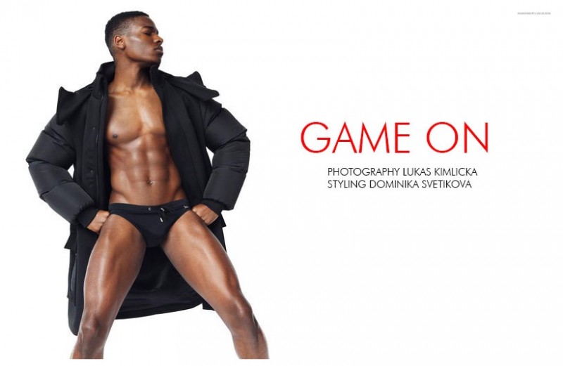 Efosa wears jacket Alexander Wang for H&M and swimsuit Dolce & Gabbana.