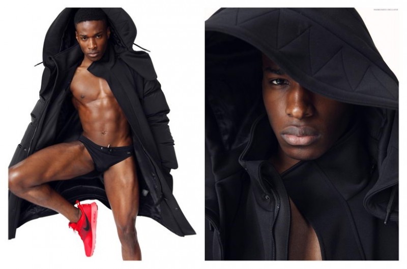Efosa wears jacket Alexander Wang for H&M, swimsuit Dolce & Gabbana and sneakers NIKE.