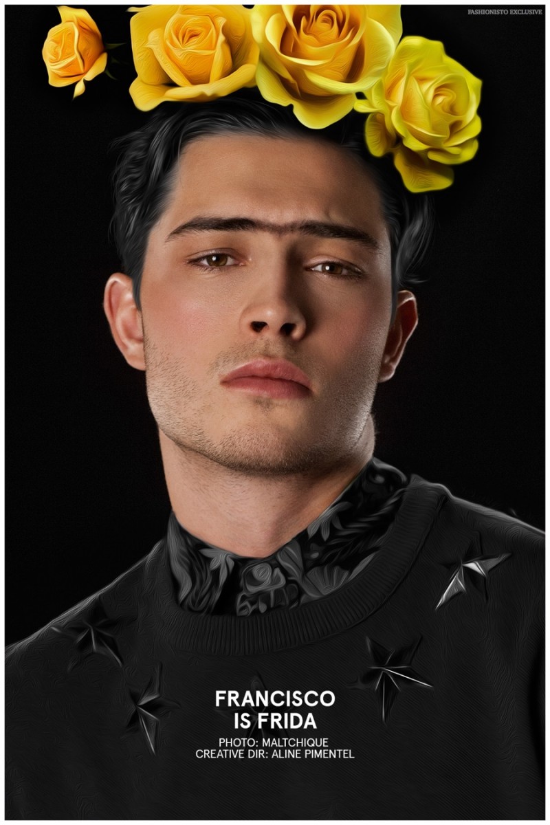 Accented with a headband of flowers, Francisco Lachowski channels Frida Kahlo.