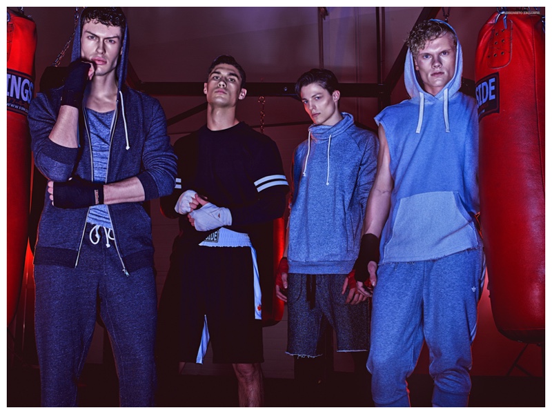Left to Right: Angus wears all clothes H&M. Brydon wears t-shirt G-Star Raw, long sleeve shirt NIKE (worn under t-shirt) and shorts Ringside. Brodie wears sweatshirt H&M, shorts BDG and socks American Apparel. Erik wears sleeveless hoodie BDG and sweatpants Adidas Originals.