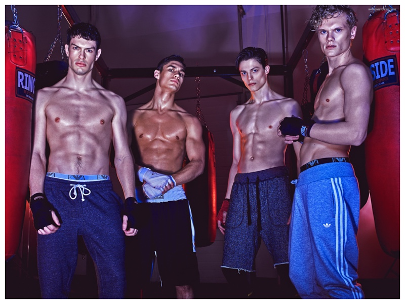 Left to Right: Angus wears sweatpants H&M and briefs Emporio Armani. Brydon wears shorts Ringside. Brodie wears shorts BDG and socks American Apparel. Erik wears sweatpants Adidas Originals and briefs Emporio Armani.