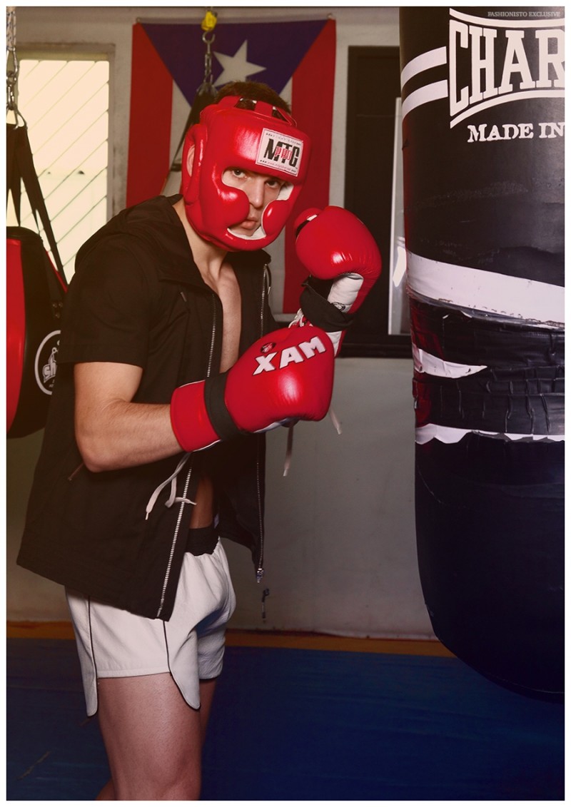 Jorge wears jacket Antony Morato, shorts Assaad Award and boxing headgear MTG Pro.