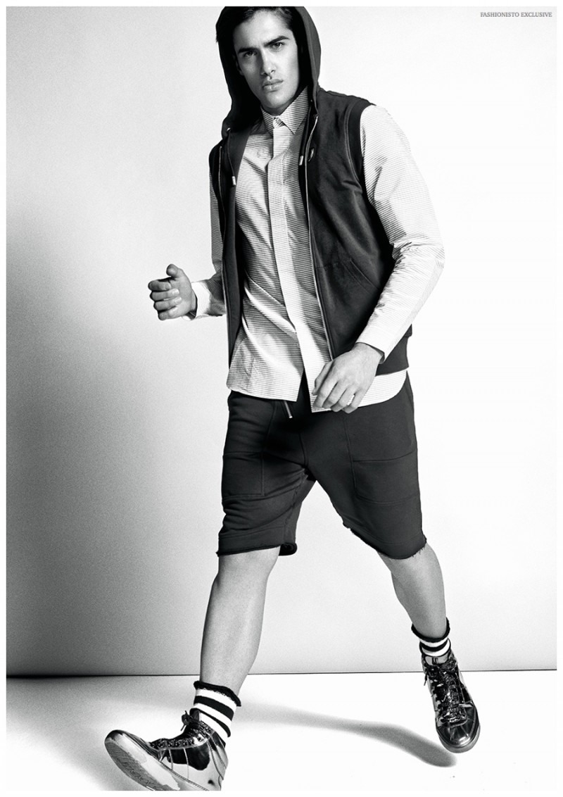 Julio wears shirt Dior Homme, socks Salvatore Ferragamo, shoes Jimmy Choo, zipped jumper and shorts Antony Morato.