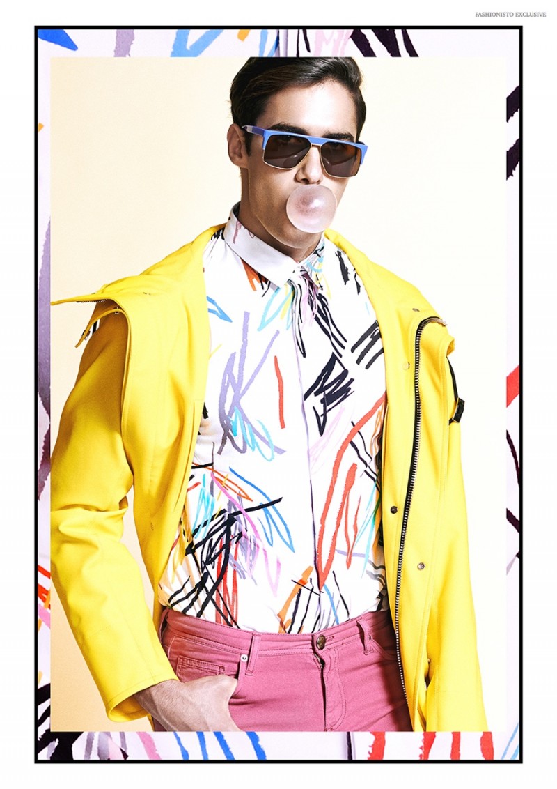 Julio wears sunglasses Andy Wolf, jeans Versace, shirt and raincoat Dior Homme.