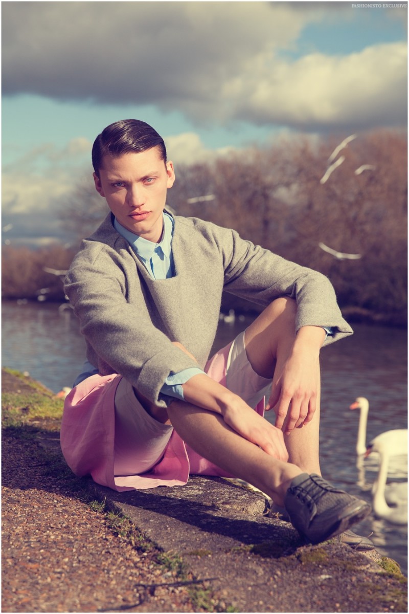 Mathis wears cropped jumper, shirt and shorts Kristian Steinberg with vintage shoes Berluti.