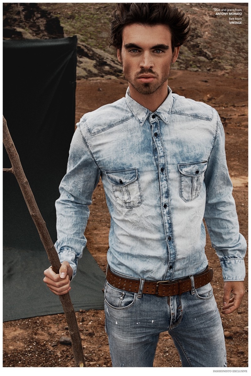 Hans wears vintage belt stylist's own, denim shirt and jeans Antony Morato.