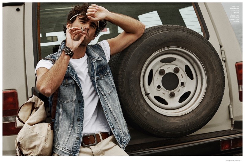 Hans wears denim vest Pull & Bear, t-shirt Diesel, shorts G-Star Raw and vintage backpack stylist's own.