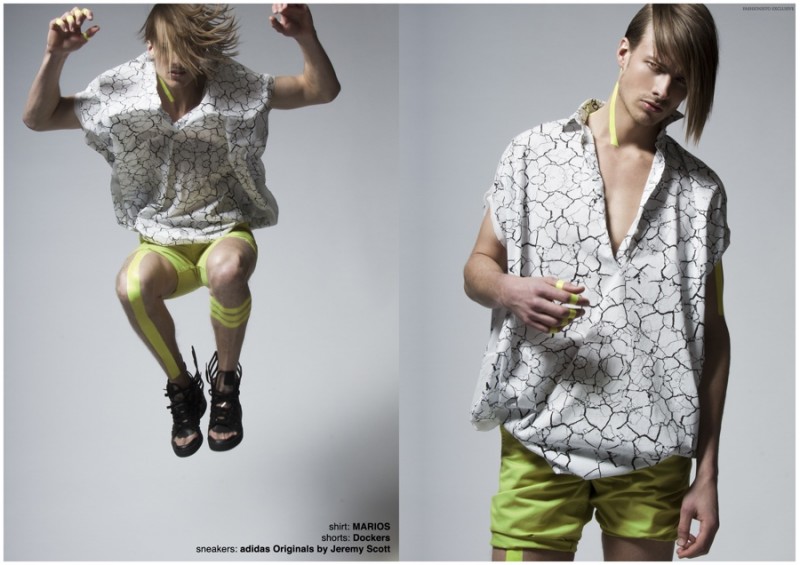 Stefan wears sneakers Adidas Originals by Jeremy Scott, poncho and shorts MARIOS.