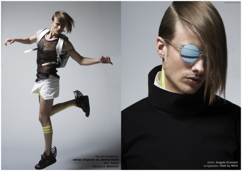 Left: Stefan wears skirt Asics, backpack MARIOS, mesh top and sneakers Adidas Originals by Jeremy Scott. Right: Stefan wears layered tops Angelo Cruciani and sunglasses Obio by MOA. 