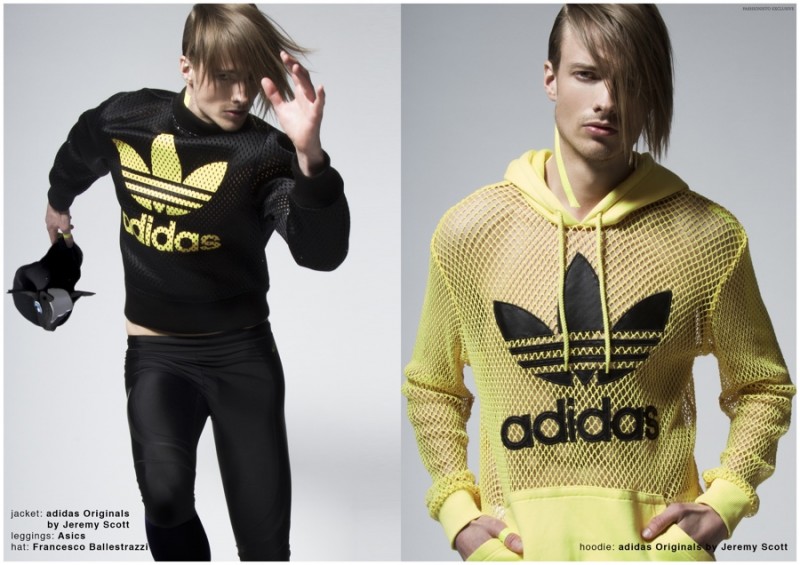 Left: Stefan wears jacket Adidas Originals by Jeremy Scott, leggings Asics and hat Francesco Ballestrazzi. Right: Stefan wears hoodie Adidas Originals by Jeremy Scott.