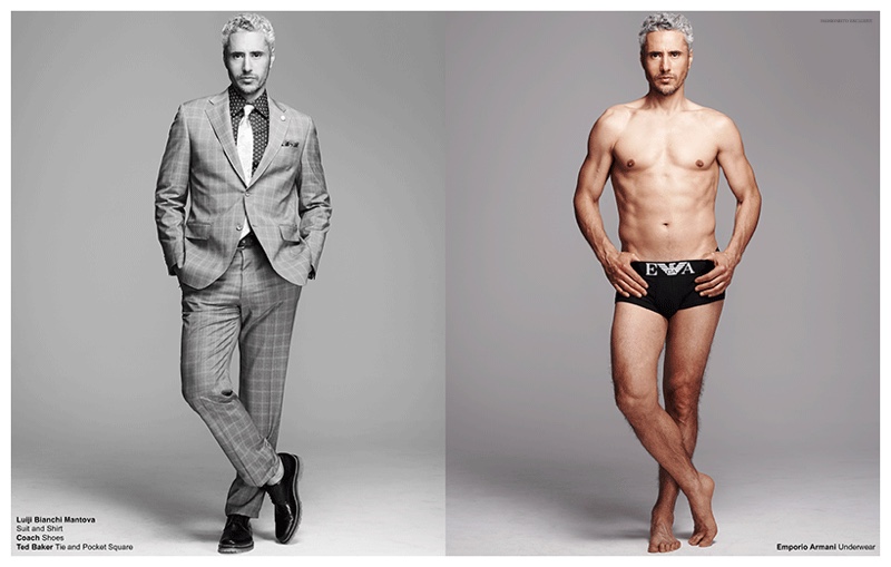 Left: Richard wears shoes Coach, tie and pocket square Ted Baker, shirt and suit Luigi Bianchi Mantova. Right: Richard wears underwear Emporio Armani.