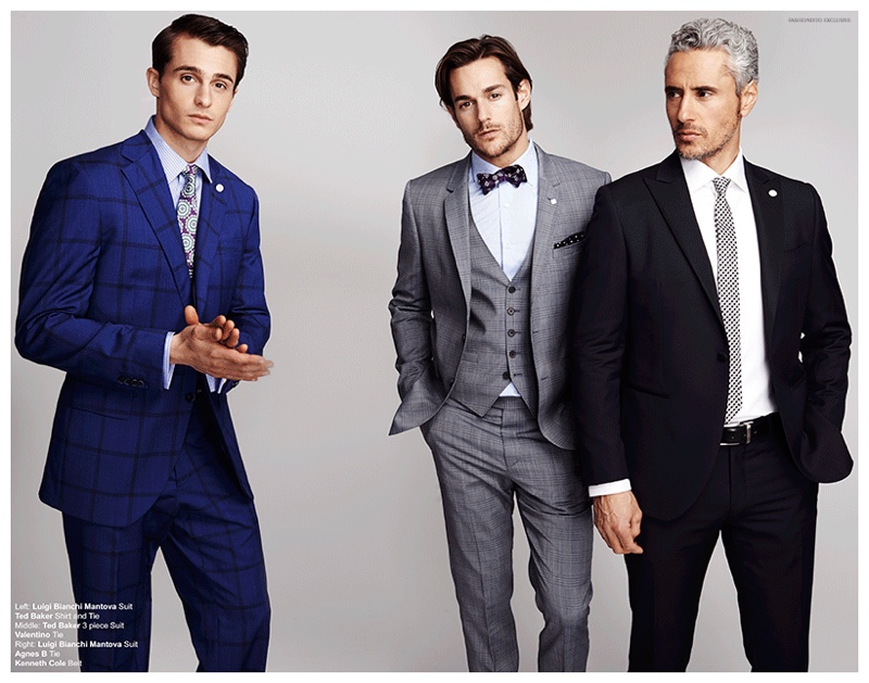 Left to Right: Daniel wears suit Luigi Bianchi Mantova, shirt and tie Ted Baker. John wears suit Ted Baker and bow-tie Valentino. Richard wears suit Luigi Bianchi Mantova, tie agnes B and belt Kenneth Cole.