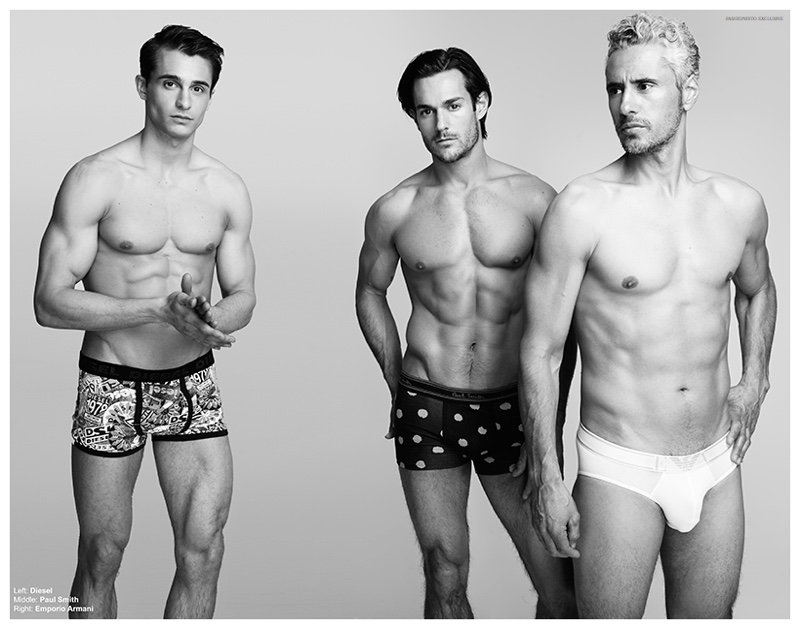 Left to Right: Daniel wears underwear Diesel. John wears underwear Paul Smith. Richard wears underwear Emporio Armani.