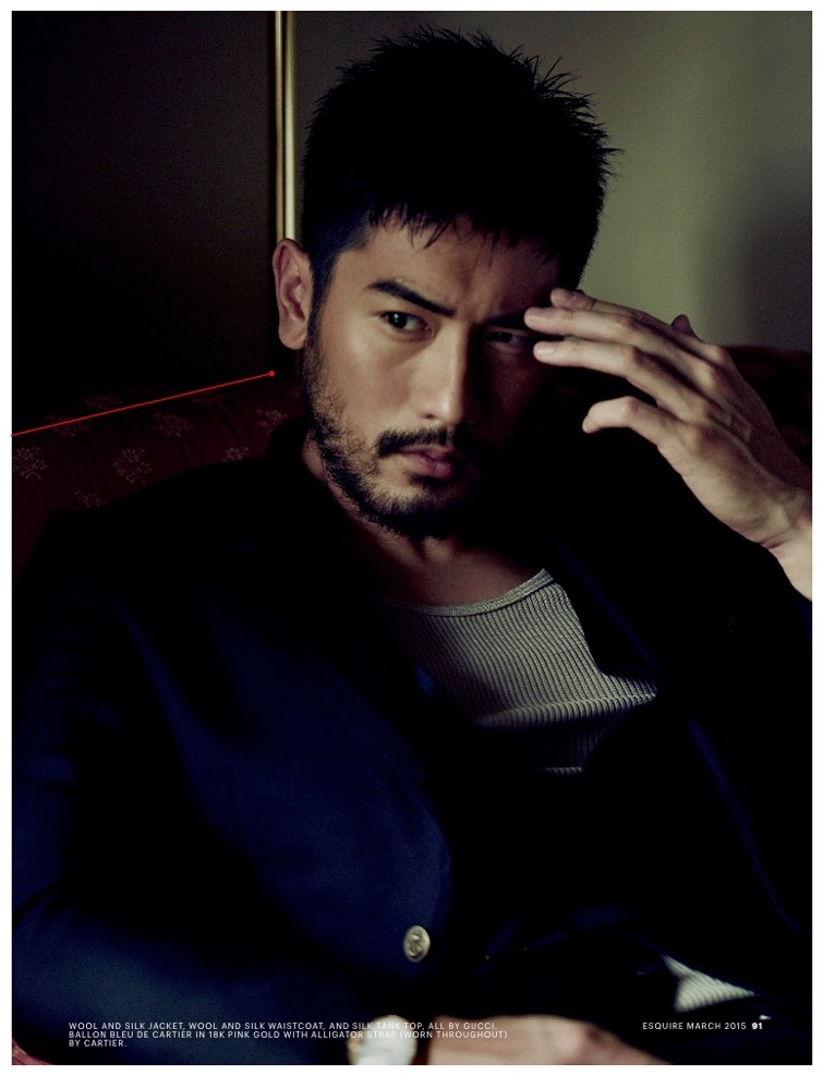Godfrey Gao is pensive in a spring look from Gucci.