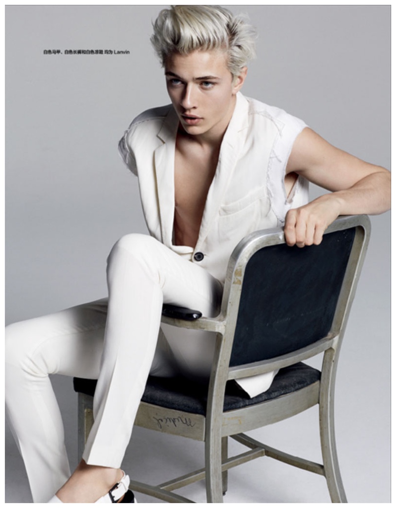 Lucky Blue Smith sports a slim white look from Lanvin.