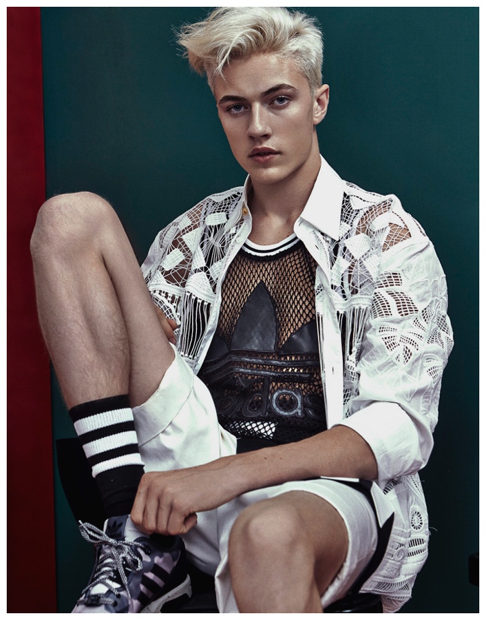 Lucky Blue Smith embraces a sporty outlook in Adidas Originals.