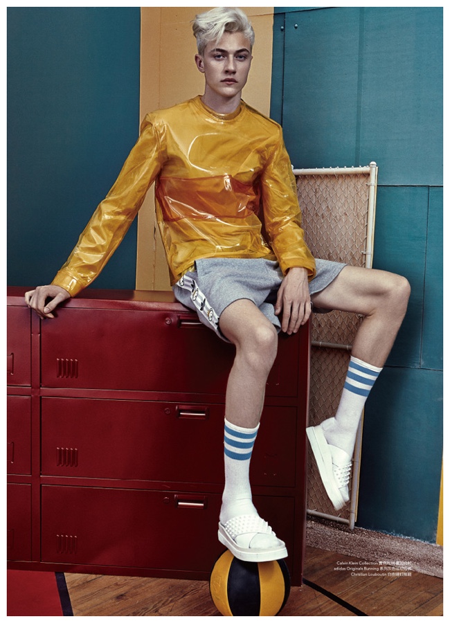 Lucky Blue smith sports a pleasant pop of color, courtesy of Calvin Klein Collection.