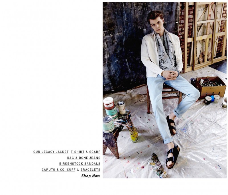 John Hein wears jeans Rag & Bone, sandals Birkenstock, bracelets Caputo & Co. Cuff, t-shirt jacket and scarf Our Legacy.