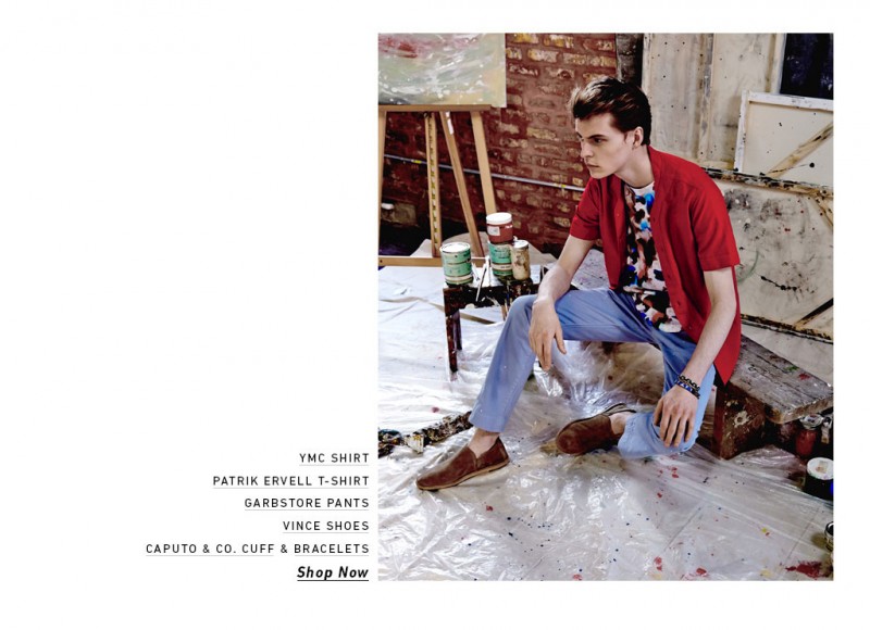 John Hein wears shirt YMC, t-shirt Patrik Ervell, pants Garbstore, shoes Vince and bracelets Caputo & Co. Cuff.