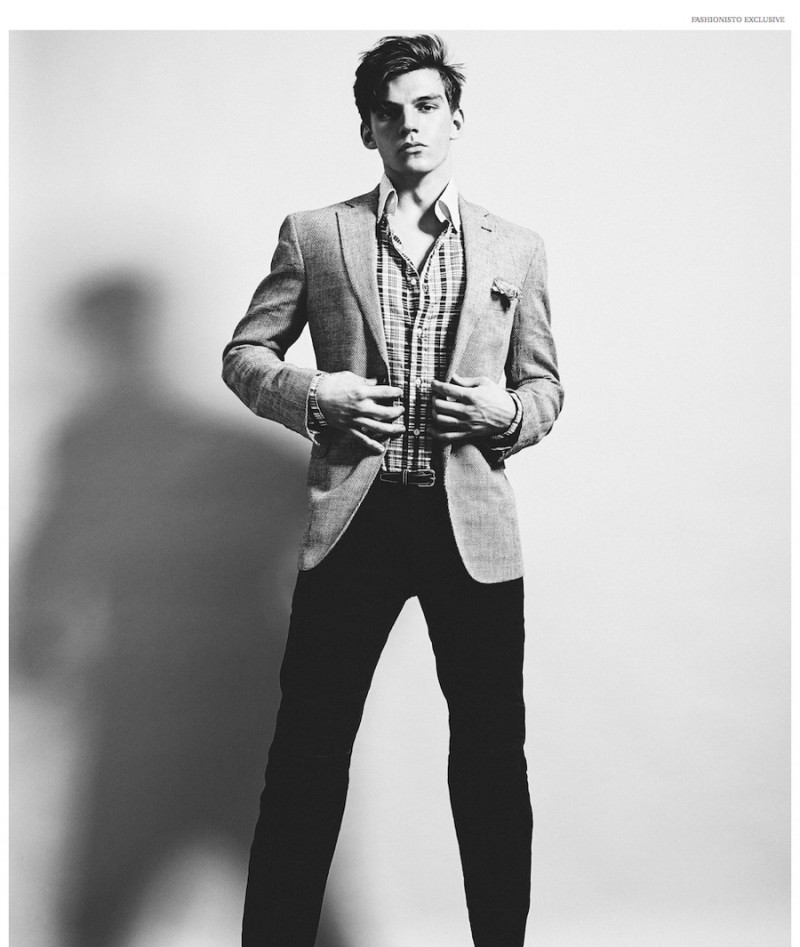 Miles Hurley is tall and lean in smart suiting separates.