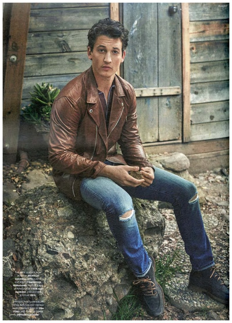 Miles Teller upgrades a casual ensemble with a luxe brown leather jacket from Brunello Cucinelli.